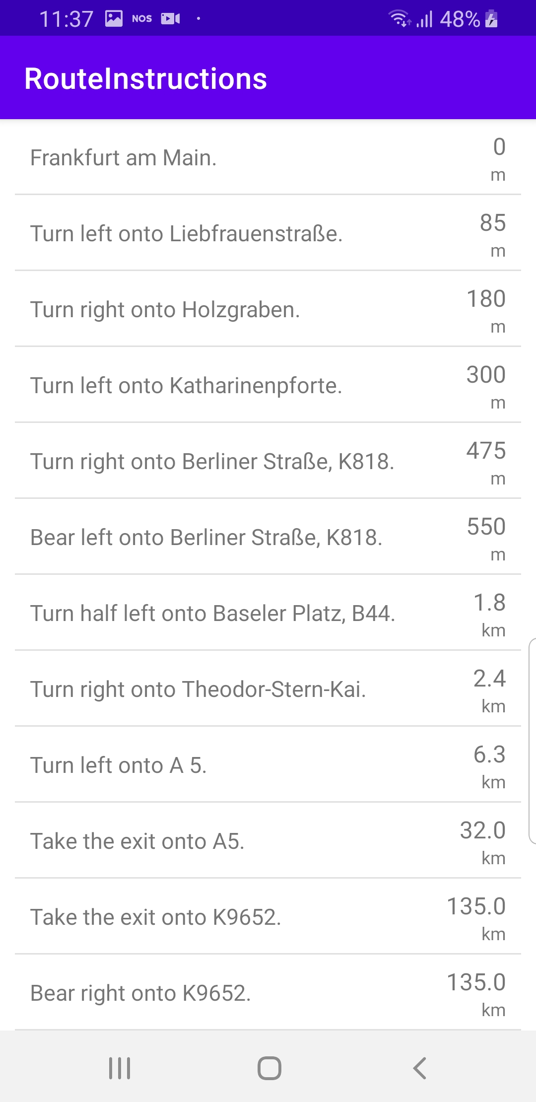 Route instructions example Android screenshot