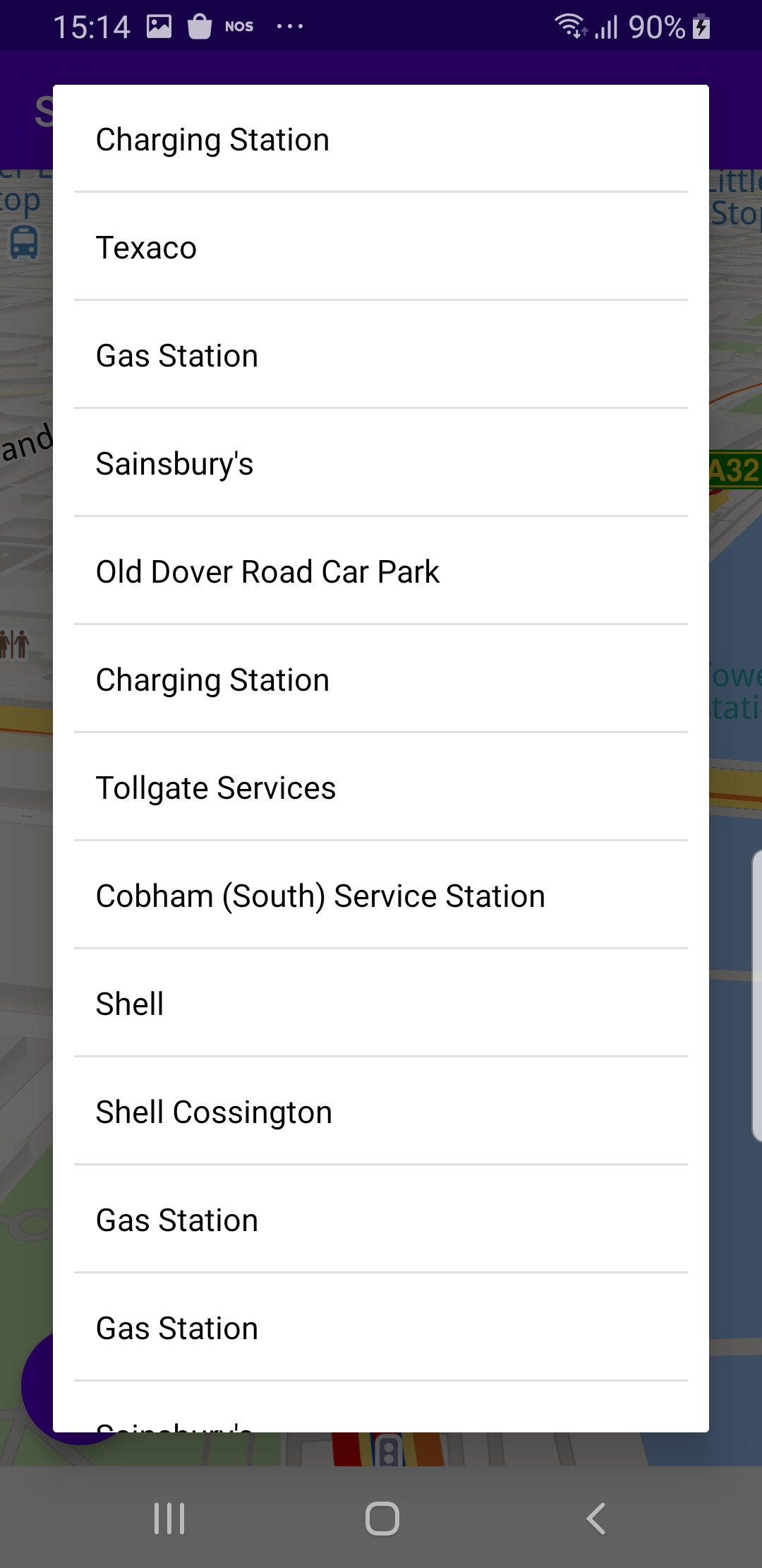 Search along route simulation example Android screenshot