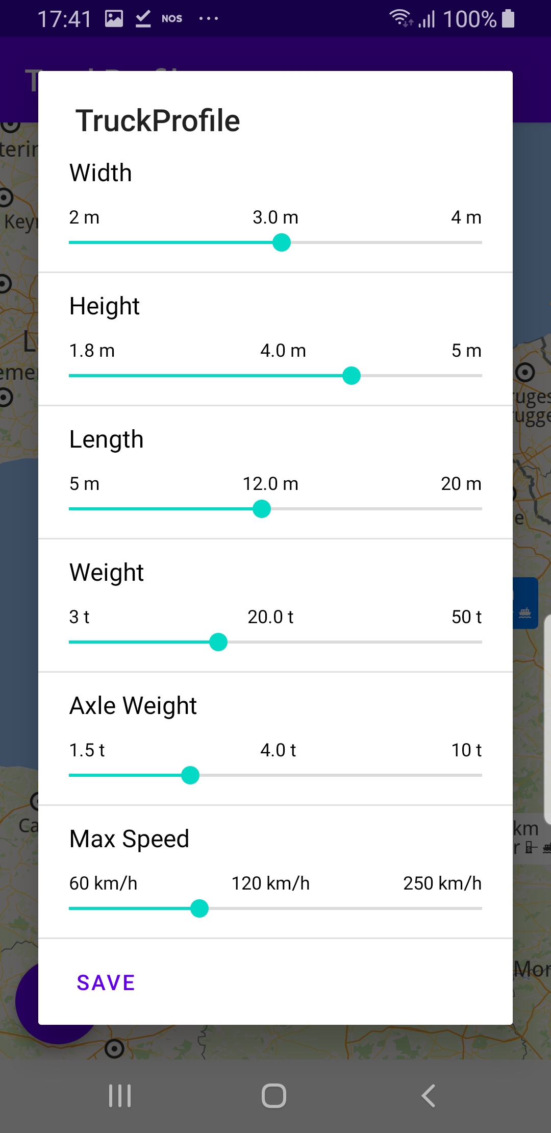 Truck profile routing android example screenshot